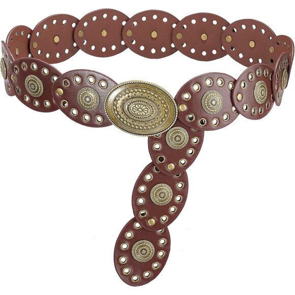 Wide Disc Belt for Women Leather Oval Belt Western Vintage Waist Belts